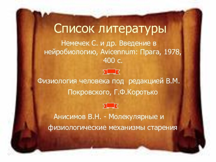 Список литературыНемечек С. и др. Введение в нейробиологию, Avicennum: Прага, 1978, 400