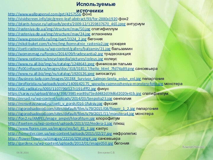 Вихирева С.В.Используемые источникиhttp://www.wallpapersxl.com/get/4257556 фон1http://vividscreen.info/pic/green-leaf-abstract/93/for-2880x1920 фон2http://plants-house.ru/uploads/posts/2009-12/1259837670_465.jpeg антуриумhttp://rasteniya.dp.ua/img/structure/max/50.jpg спатифиллумhttp://rasteniya.dp.ua/img/structure/max/24.jpg аглаонемаhttp://www.greeninfo.ru/img/oart/3324_2.jpg бегонияhttp://nikol-buket.com/tx/mz/img/komnatnie_rastenia2.jpg орхидеяhttp://cveti-rasteniya.ru/wp-content/gallery/balzamin/21.jpg бальзаминhttp://womenmag.ru/forpics/2014/09/tradescantia2.jpg традесканцияhttp://www.rastimir.ru/encyclopedia/pictures/coleus.jpg