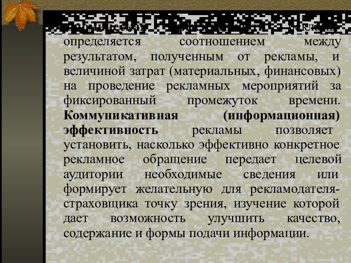 Экономическая эффективность рекламы определяется соотношением между результатом, полученным от рекламы, и величиной