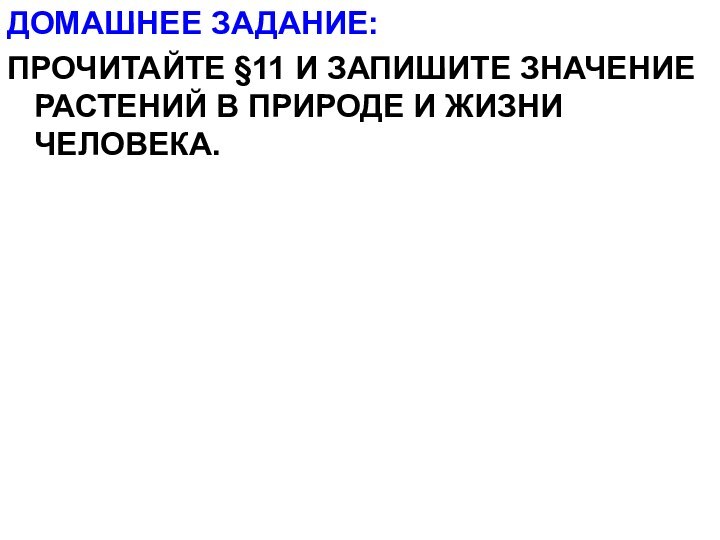 ДОМАШНЕЕ ЗАДАНИЕ:ПРОЧИТАЙТЕ §11 И ЗАПИШИТЕ ЗНАЧЕНИЕ РАСТЕНИЙ В ПРИРОДЕ И ЖИЗНИ ЧЕЛОВЕКА.