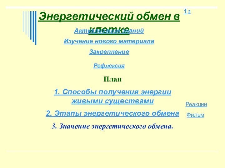 Энергетический обмен в клеткеАктуализация знаний  Изучение нового материала