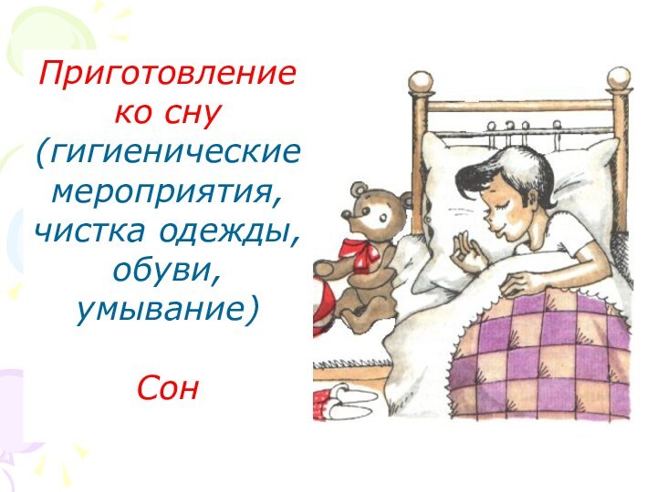 Приготовление ко сну (гигиенические мероприятия, чистка одежды, обуви, умывание)Сон