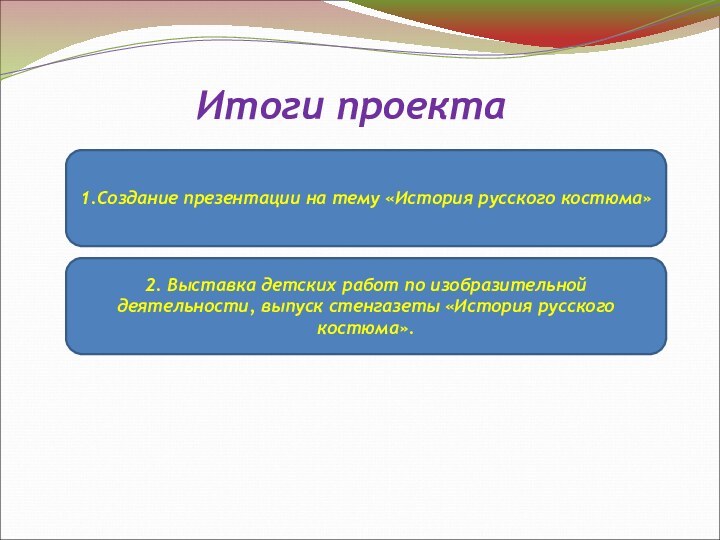 Итоги проекта1.Создание презентации на тему «История русского костюма»2. Выставка детских работ по