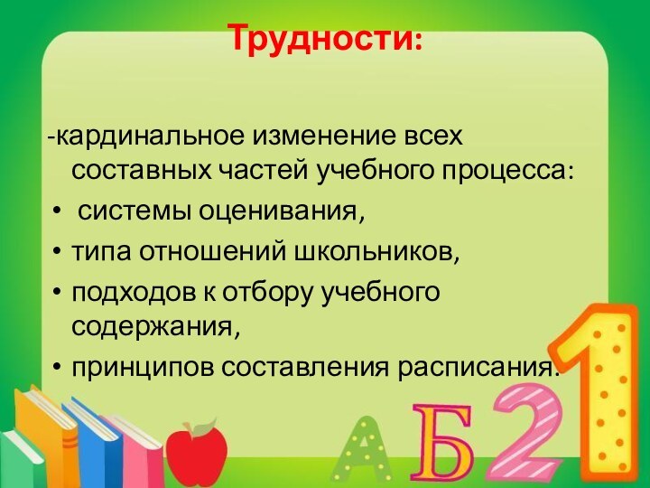 Трудности: -кардинальное изменение всех составных частей учебного процесса: системы оценивания, типа отношений