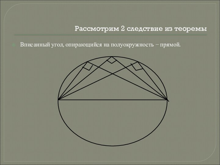 Рассмотрим 2 следствие из теоремыВписанный угол, опирающийся на полуокружность − прямой.