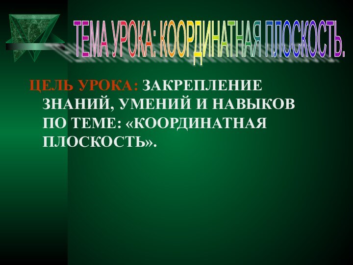 ЦЕЛЬ УРОКА: ЗАКРЕПЛЕНИЕ ЗНАНИЙ, УМЕНИЙ И НАВЫКОВ ПО ТЕМЕ: «КООРДИНАТНАЯ ПЛОСКОСТЬ».ТЕМА УРОКА: КООРДИНАТНАЯ ПЛОСКОСТЬ.