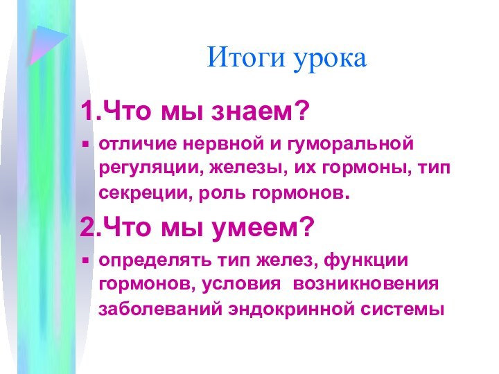 Итоги урока1.Что мы знаем?отличие нервной и гуморальной регуляции, железы, их гормоны, тип