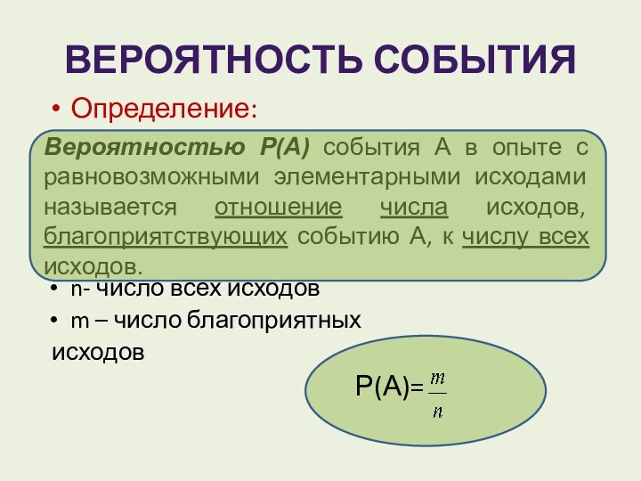 ВЕРОЯТНОСТЬ СОБЫТИЯОпределение:n- число всех исходовm – число благоприятных исходов