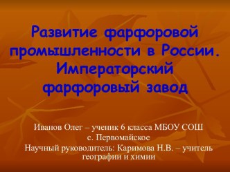 Развитие фарфоровой промышленности в России. Императорский фарфоровый завод