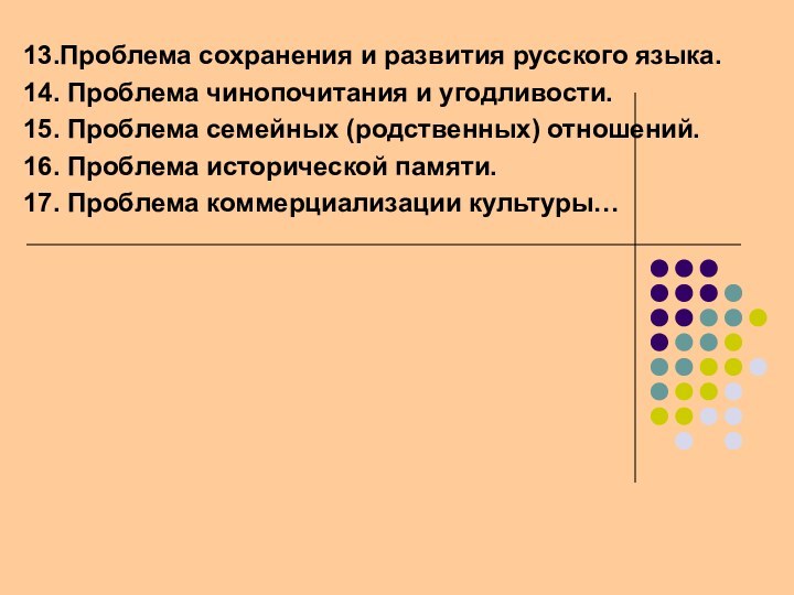 13.Проблема сохранения и развития русского языка.14. Проблема чинопочитания и угодливости.15. Проблема семейных