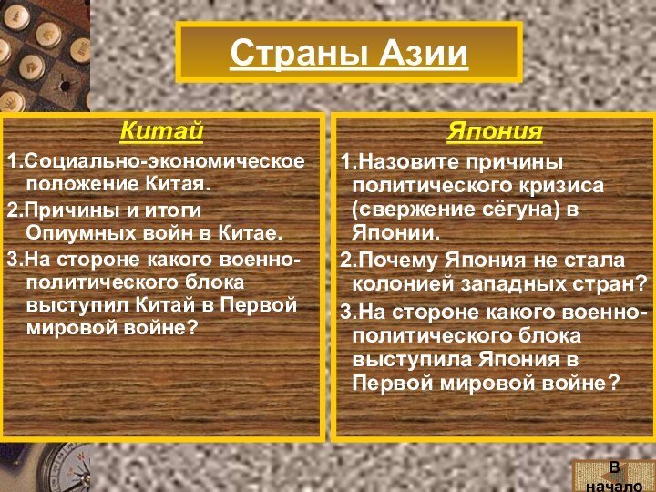 Страны АзииКитай1.Социально-экономическое положение Китая.2.Причины и итоги Опиумных войн в Китае.3.На стороне какого