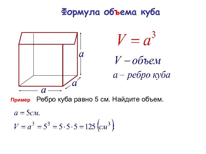 Формула объема кубаПримерРебро куба равно 5 см. Найдите объем.