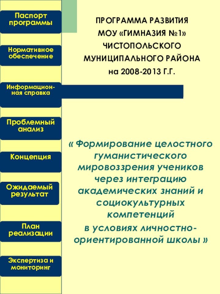 Паспорт программыНормативное обеспечениеИнформацион-ная справкаПроблемный анализКонцепцияОжидаемый результат План реализации Экспертиза и мониторинг ПРОГРАММА