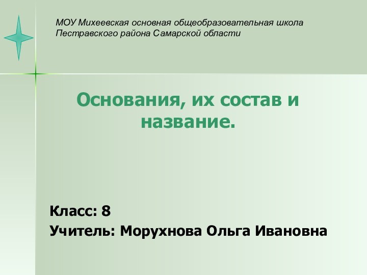 Основания, их состав и название.Класс: 8Учитель: Морухнова Ольга ИвановнаМОУ Михеевская основная общеобразовательная