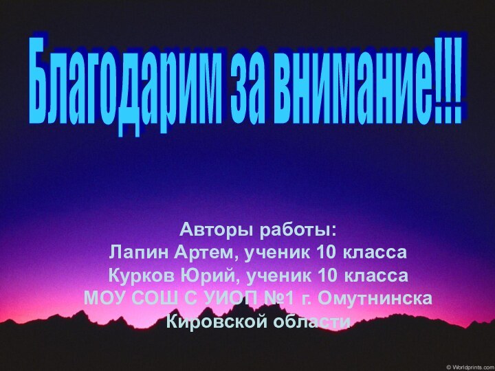 Благодарим за внимание!!!Авторы работы: Лапин Артем, ученик 10 классаКурков Юрий, ученик 10