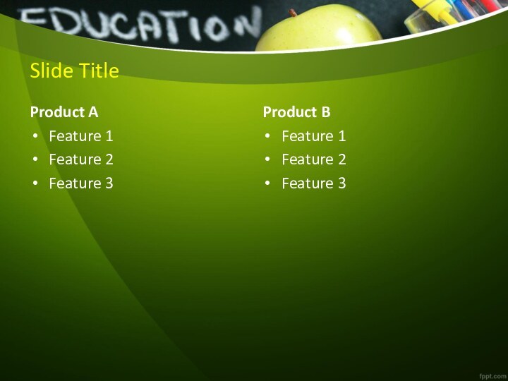 Slide TitleProduct AFeature 1Feature 2Feature 3Product BFeature 1Feature 2Feature 3