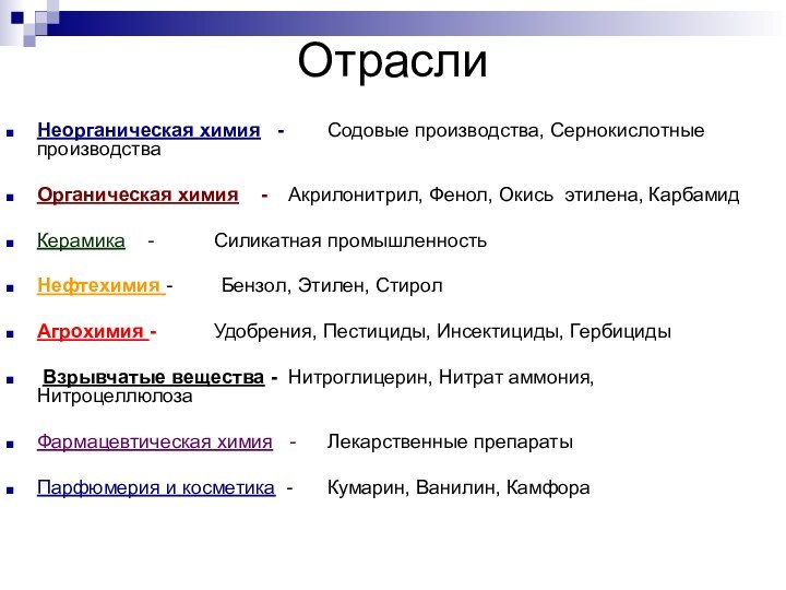 ОтраслиНеорганическая химия  -	 Содовые производства, Сернокислотные производстваОрганическая химия  -	 Акрилонитрил,