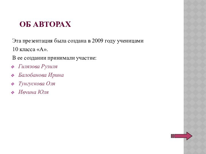 ОБ АВТОРАХЭта презентация была создана в 2009 году ученицами 10 класса «А».В