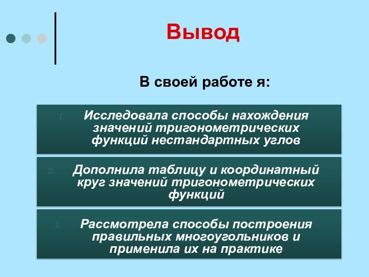 Вывод     В своей работе я:Исследовала способы нахождения значений