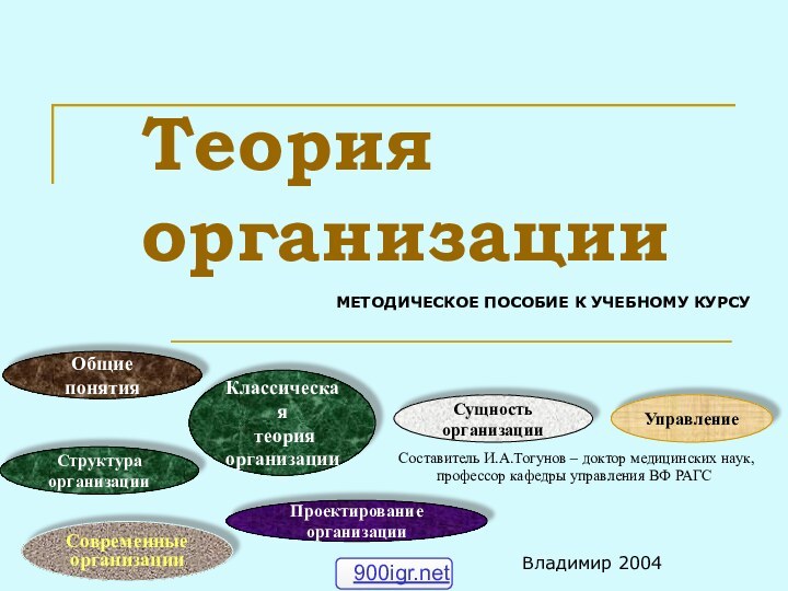 Теория организации Составитель И.А.Тогунов – доктор медицинских наук, профессор кафедры управления ВФ