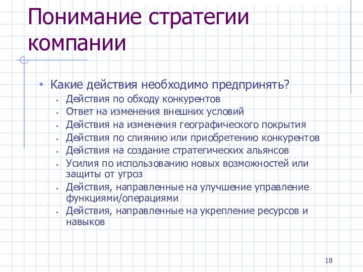 Понимание стратегии компанииКакие действия необходимо предпринять?Действия по обходу конкурентовОтвет на изменения внешних