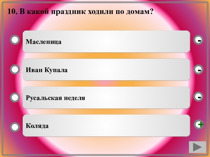 10. В какой праздник ходили по домам?МасленицаИван КупалаРусальская неделяКоляда--+-