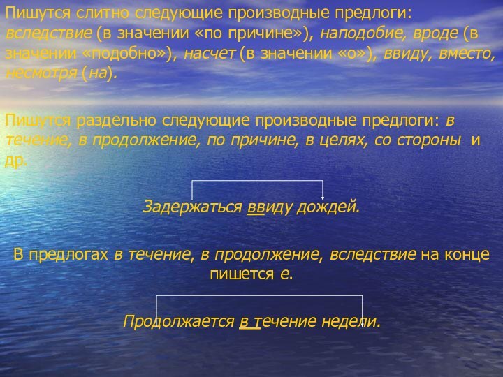 Пишутся слитно следующие производные предлоги: вследствие (в значении «по причине»), наподобие, вроде