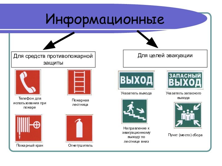 ИнформационныеДля средств противопожарной защитыДля целей эвакуацииТелефон для использования при пожареПожарная лестницаОгнетушительПожарный кранУказатель