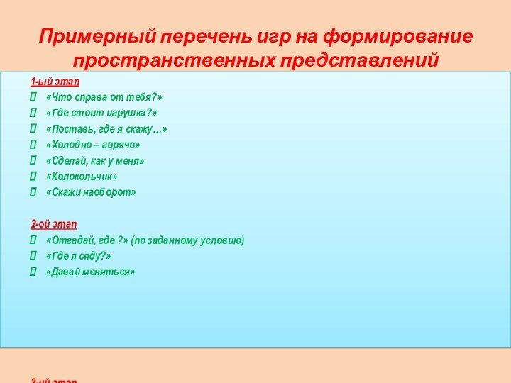 Примерный перечень игр на формирование пространственных представлений1-ый этап«Что справа от тебя?»«Где стоит