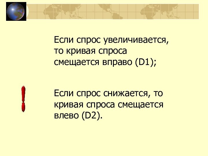 Если спрос увеличивается, то кривая спроса смещается вправо (D1);Если спрос снижается, то