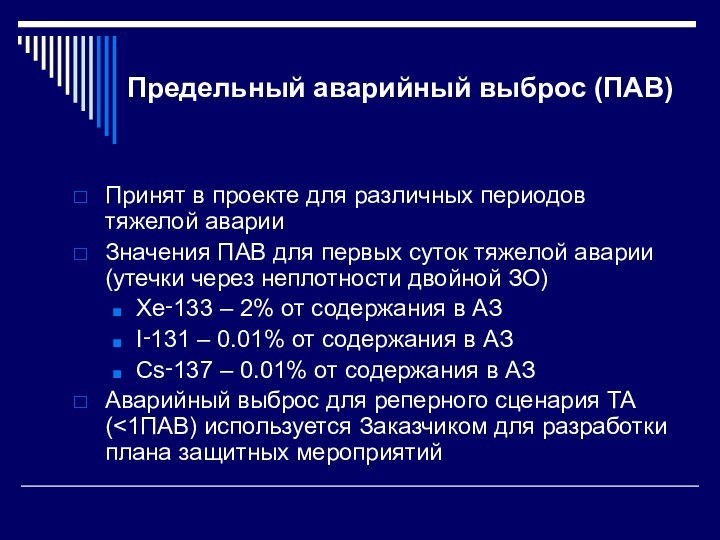 Предельный аварийный выброс (ПАВ)Принят в проекте для различных периодов тяжелой аварииЗначения ПАВ