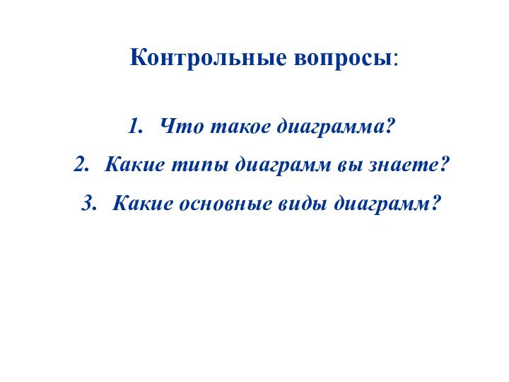 Контрольные вопросы:Что такое диаграмма?Какие типы диаграмм вы знаете?Какие основные виды диаграмм?