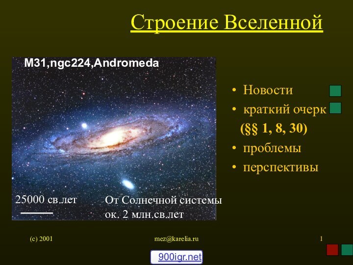 (c) 2001mez@karelia.ruСтроение ВселеннойНовости краткий очерк  (§§ 1, 8, 30)проблемыперспективыM31,ngc224,Andromeda25000 св.летОт Солнечной системыок. 2 млн.св.лет