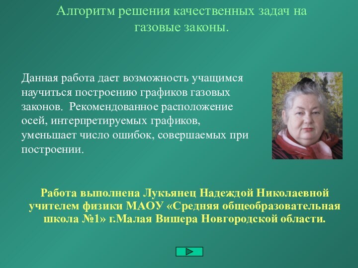 Алгоритм решения качественных задач на газовые законы.Работа выполнена Лукьянец Надеждой Николаевной учителем