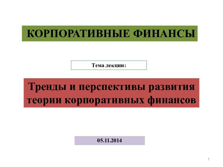 Тренды и перспективы развития теории корпоративных финансовКОРПОРАТИВНЫЕ ФИНАНСЫТема лекции:05.11.2014