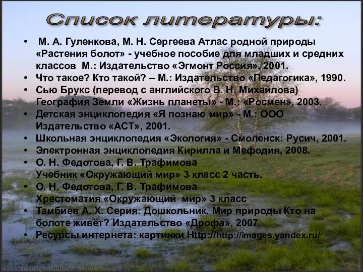 Список литературы: М. А. Гуленкова, М. Н. Сергеева Атлас родной природы