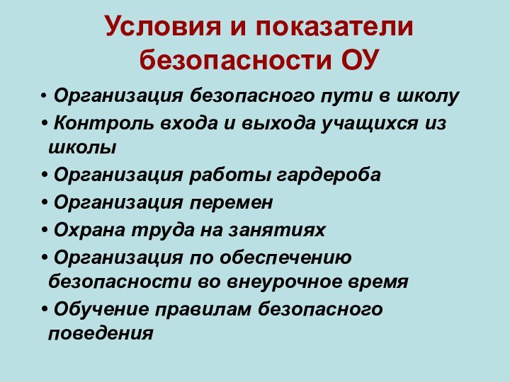 Условия и показатели безопасности ОУ Организация безопасного пути в школу Контроль входа