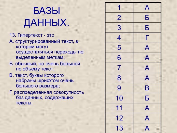 БАЗЫ ДАННЫХ.13. Гипертекст - это А. структурированный текст, в котором могут осуществляться переходы