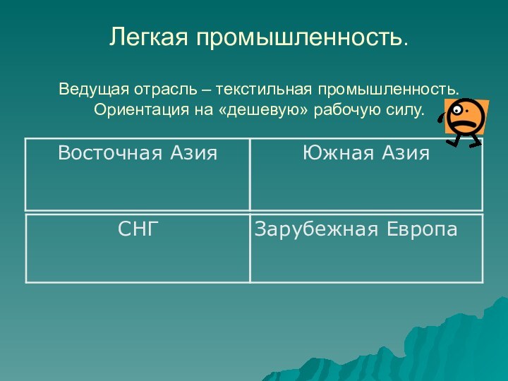 Легкая промышленность.  Ведущая отрасль – текстильная промышленность. Ориентация на «дешевую» рабочую силу.