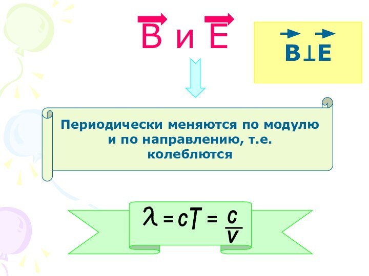 В и ЕПериодически меняются по модулю и по направлению, т.е. колеблются сТ==сvВ Е