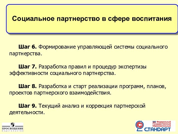 Социальное партнерство в сфере воспитанияШаг 6. Формирование управляющей системы социального партнерства. Шаг