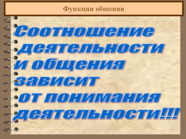 Функции общенияСоотношение  деятельности  и общения зависит  от понимания  деятельности!!!