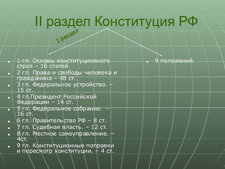 II раздел Конституция РФ1 гл. Основы конституционного строя – 16 статей.2