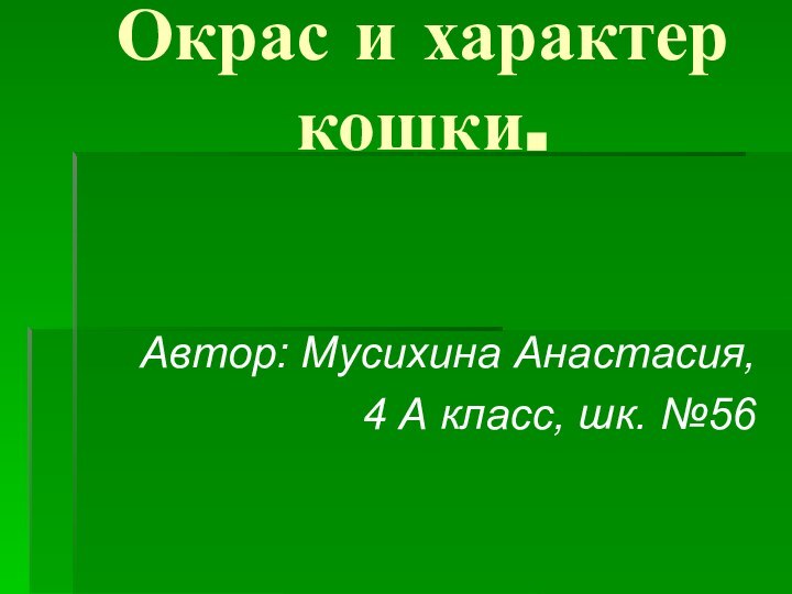 Окрас и характер кошки.  Автор: Мусихина Анастасия, 4 А класс, шк. №56