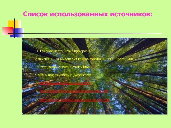 Список использованных источников: 1. Грибное место – сайт про грибы