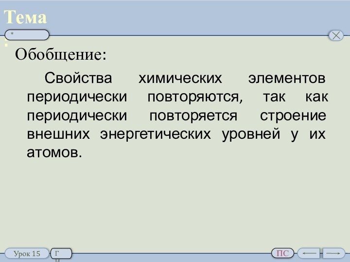 Обобщение:Периодическое изменение свойств элементов.	Свойства химических элементов периодически повторяются, так как периодически повторяется