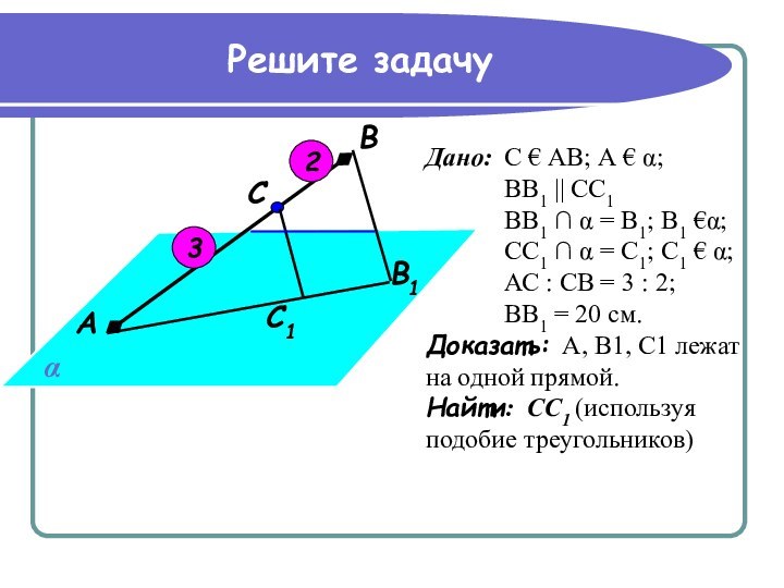 Решите задачуС1В1СВАαДано: С € АВ; А € α;