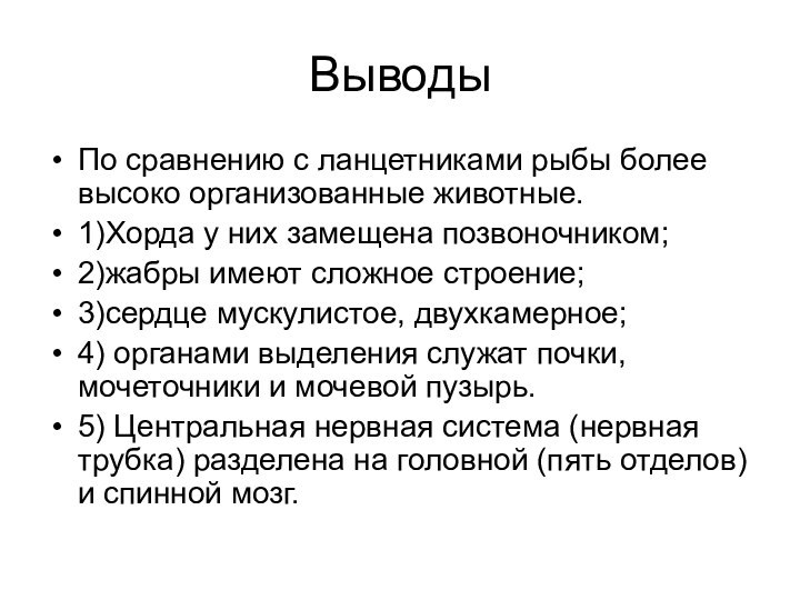 ВыводыПо сравнению с ланцетниками рыбы более высоко организованные животные. 1)Хорда у них