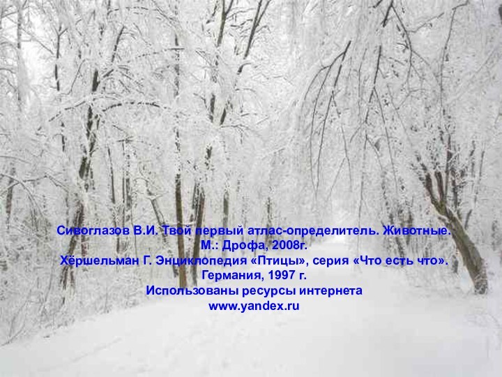 Сивоглазов В.И. Твой первый атлас-определитель. Животные.М.: Дрофа, 2008г.Хёршельман Г. Энциклопедия «Птицы», серия