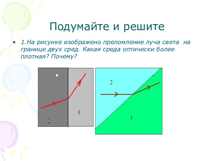 Подумайте и решите1.На рисунке изображено преломление луча света на границе двух сред.